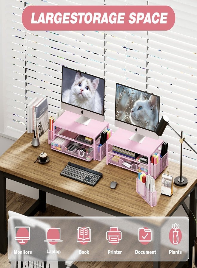 OPNICE Desk Organizers and Accessories, 2-Tier Computer Monitor Stand Riser with Drawer and 2 Pen Holders, Laptop Stand, Office Desk Accessories & Office Decor for Women, Pink - Image 4